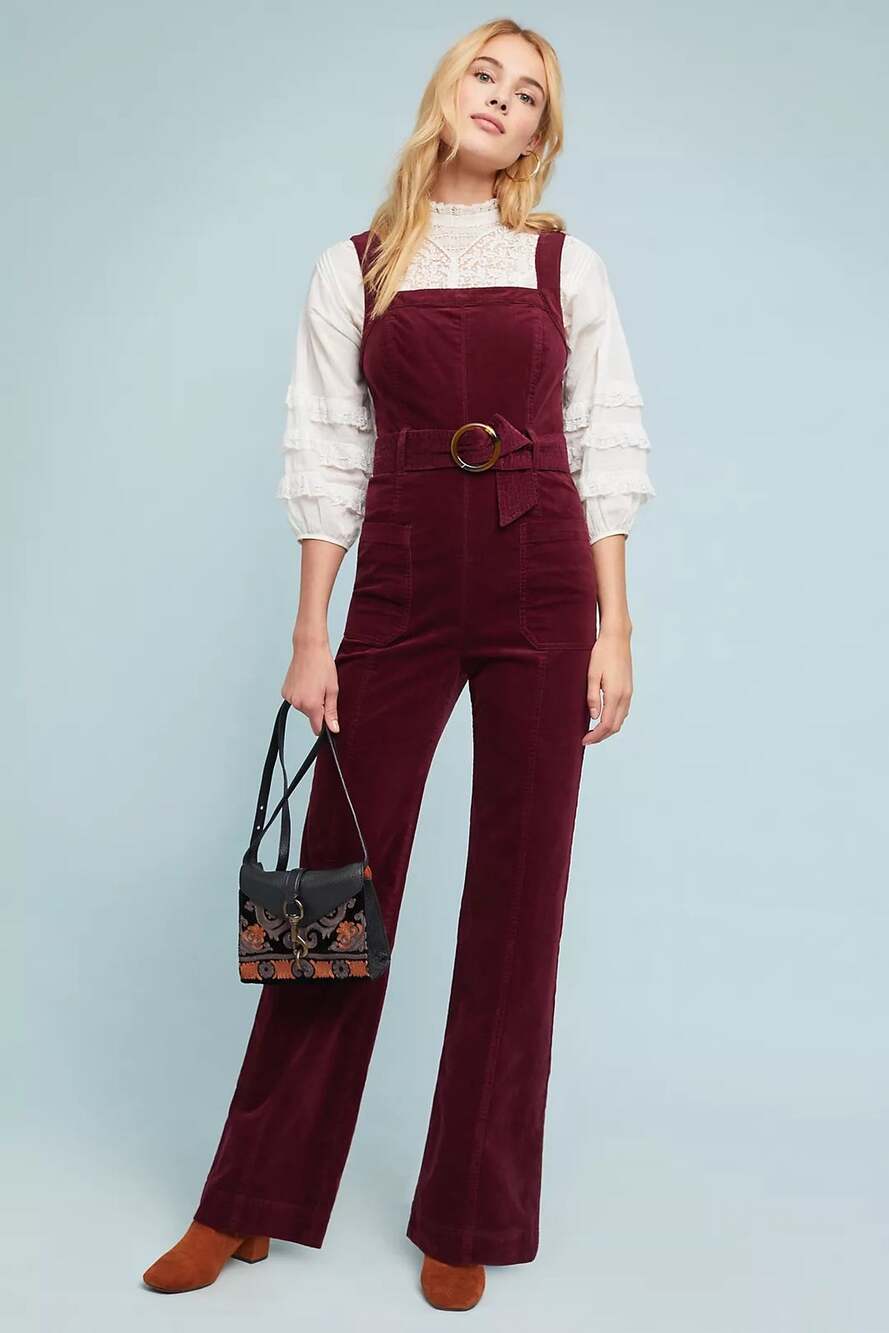 Anthropologie Pilcro Corduroy Wide Leg Belted Jumpsuit Sz 14 Burgundy Retro Boho